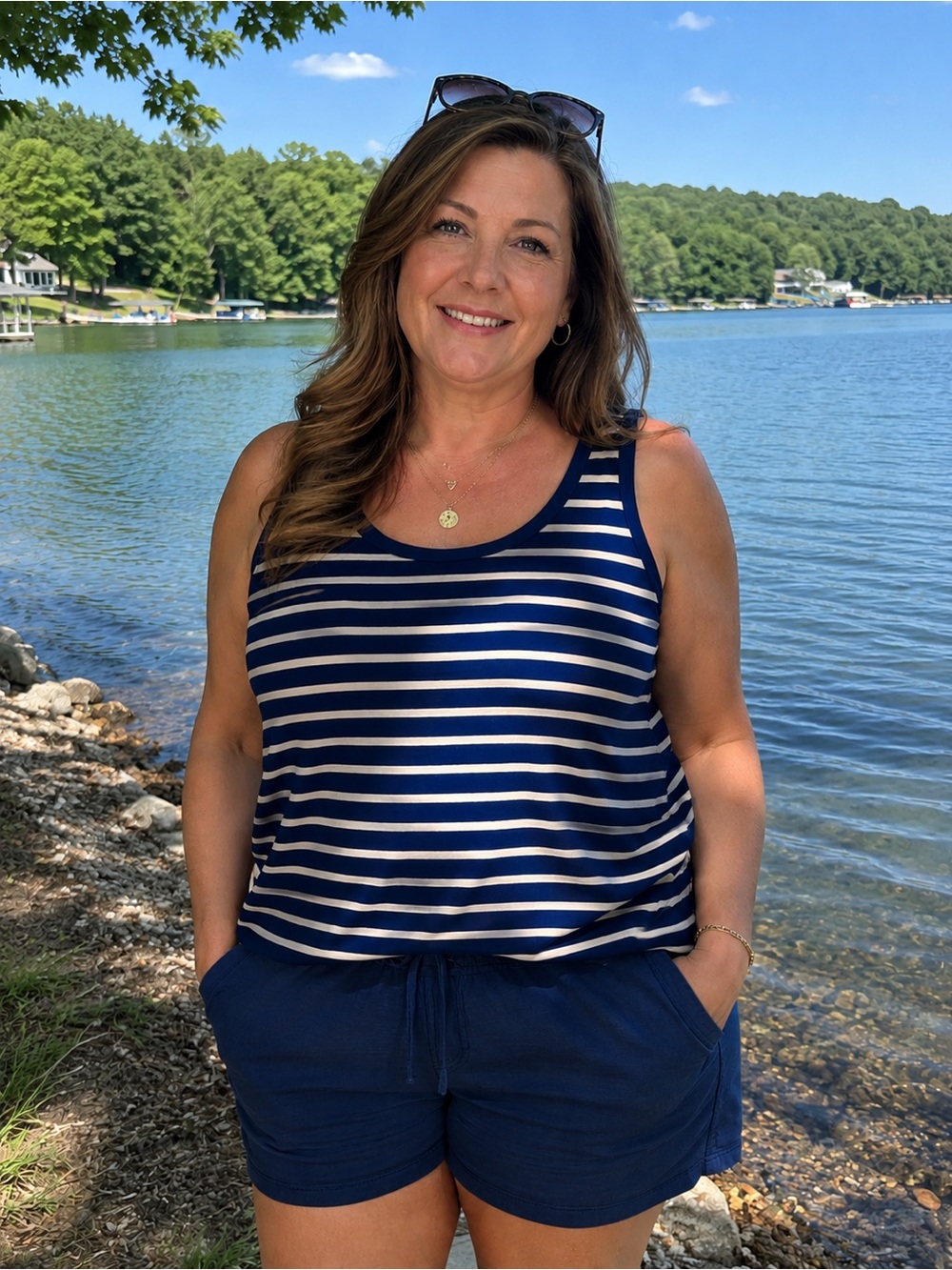Carole Little Essentials Striped Tank Top – XL – Navy & White